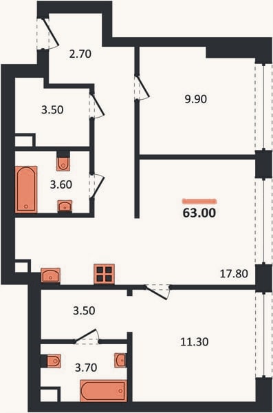 Планировка: 2-к, 63 м²