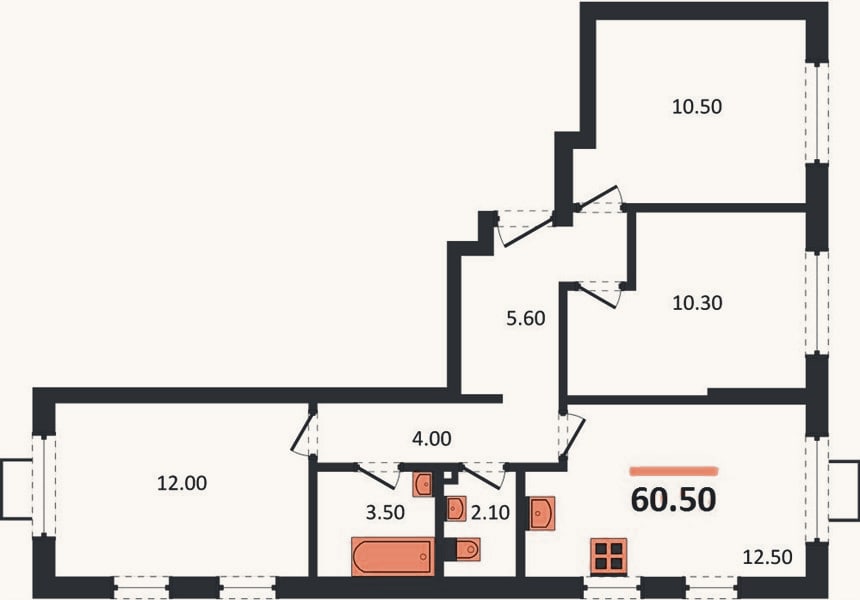 Планировка: 3-к, 60,4 м²