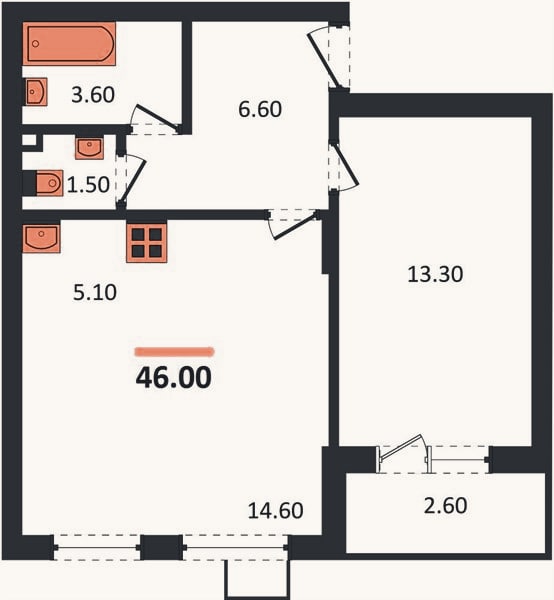 Планировка: 1-к, 46 м²