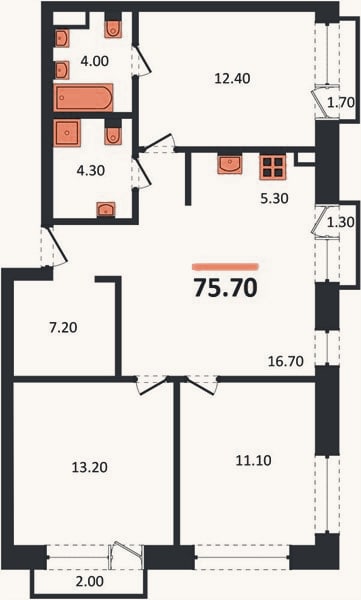 Планировка: 3-к, 75,7 м²