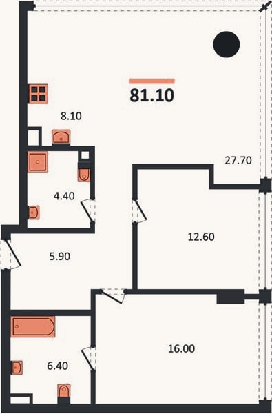 Планировка: 2-к, 81,1 м²