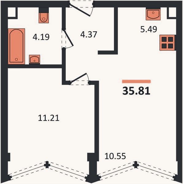 Планировка: 1-к, 35,8 м²