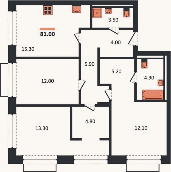 Планировка: 3-к, 81 м²
