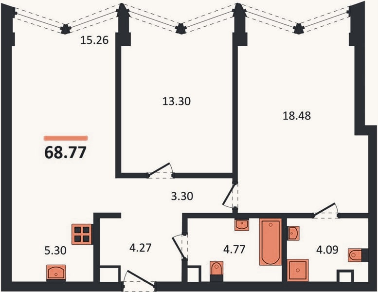 Планировка: 2-к, 68,8 м²