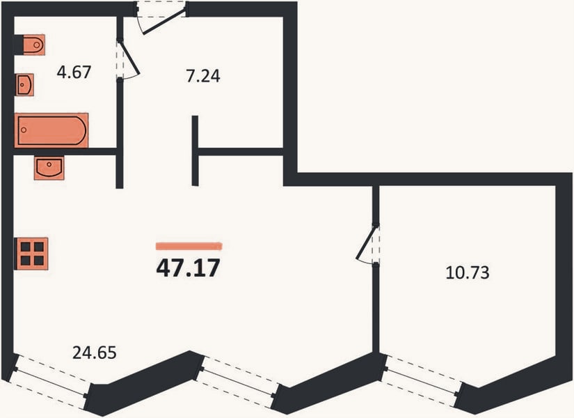 Планировка: 1-к, 47,1 м²