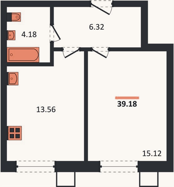 Планировка: 1-к, 39,2 м²