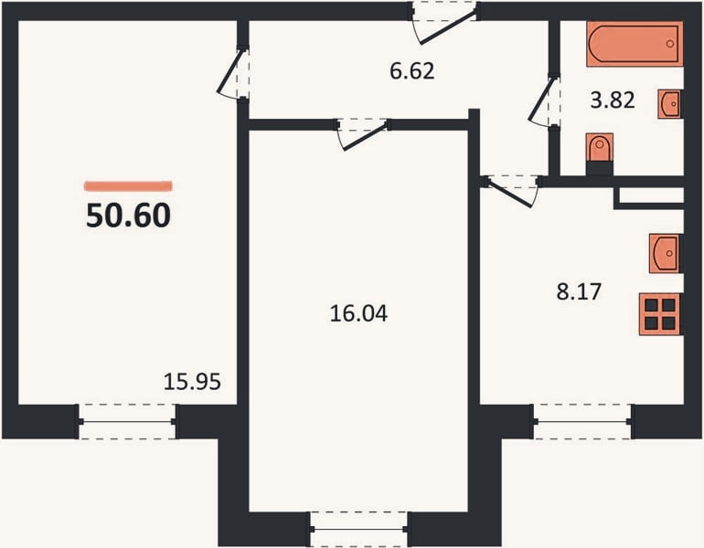 Планировка: 2-к, 50,6 м²