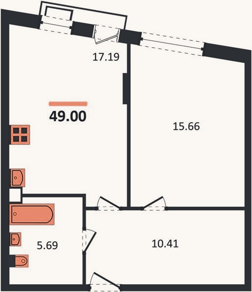 Планировка: 1-к, 49 м²