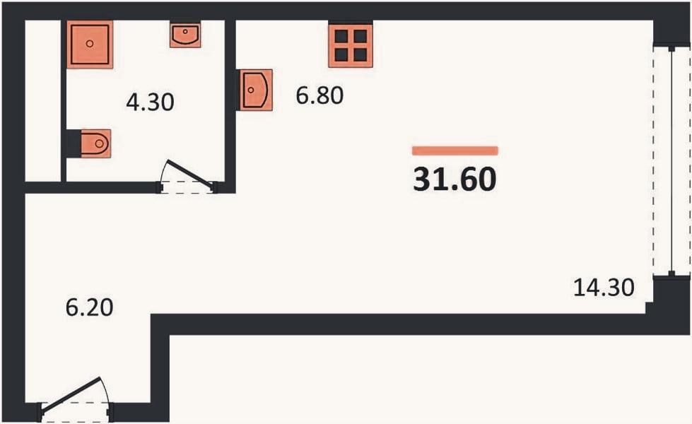 Планировка: Студия, 31,6 м²