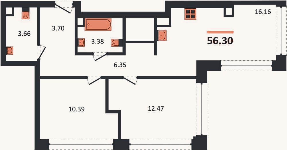 Планировка: 2-к, 56,3 м²
