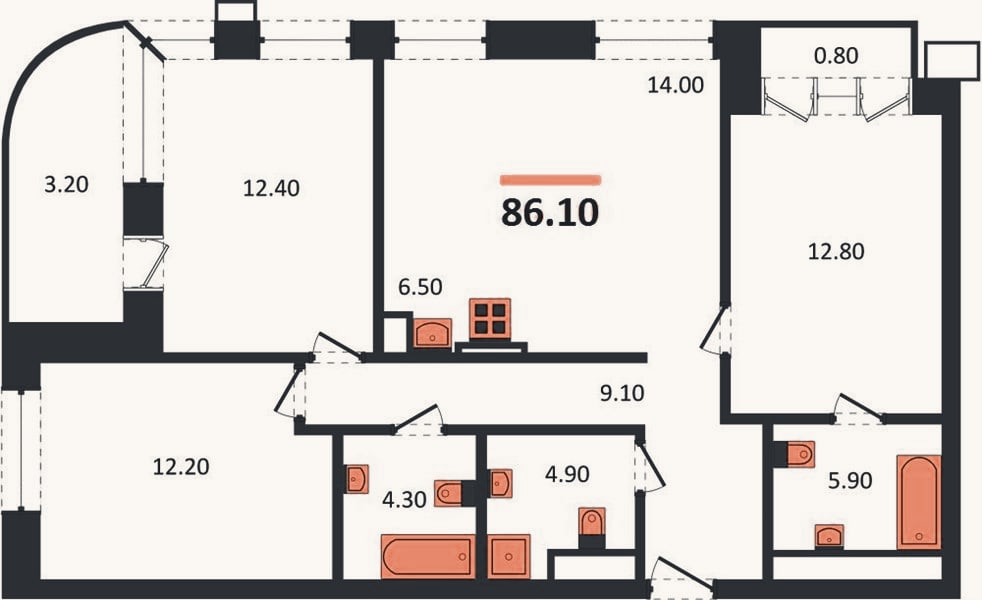 Планировка: 3-к, 86,1 м²