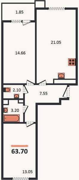 Планировка: 2-к, 63,7 м²