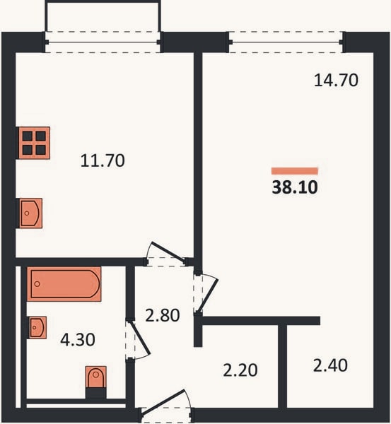 Планировка: 1-к, 38,1 м²
