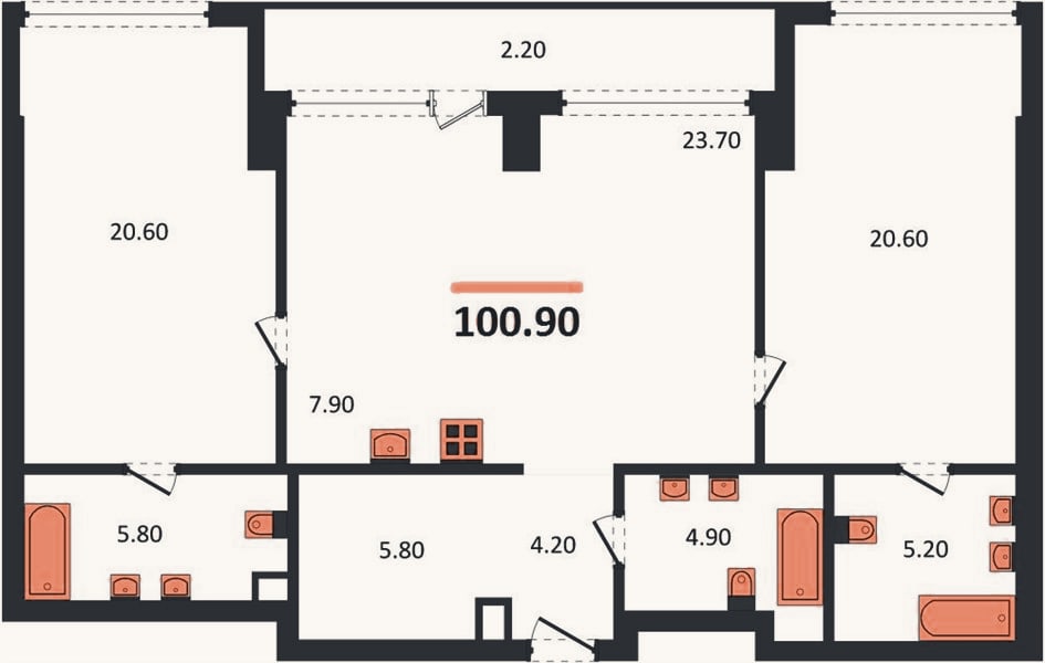 Планировка: 2-к, 100,9 м²