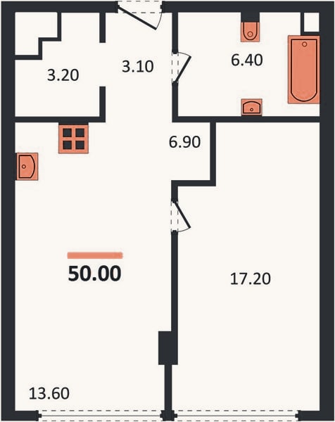 Планировка: 1-к, 50 м²