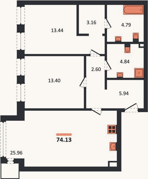 Планировка: 2-к, 74,1 м²