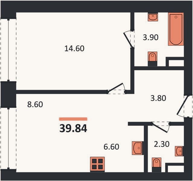 Планировка: 1-к, 39,8 м²
