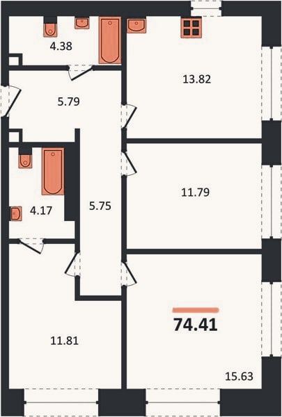 Планировка: 3-к, 74,4 м²