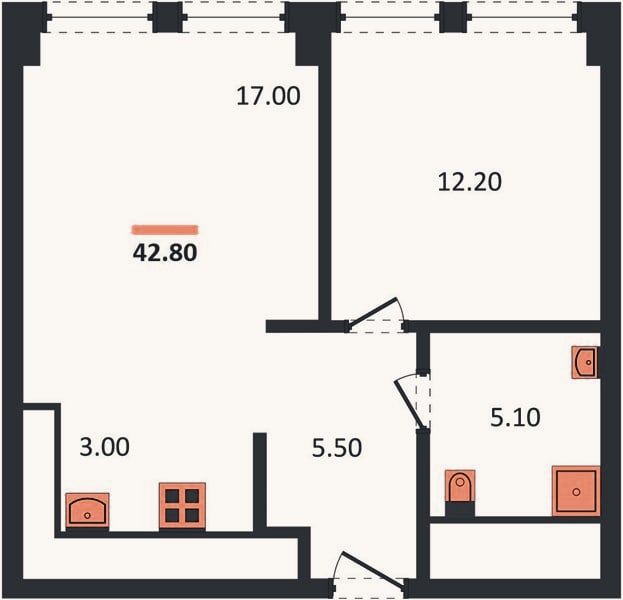 Планировка: 1-к, 42,8 м²