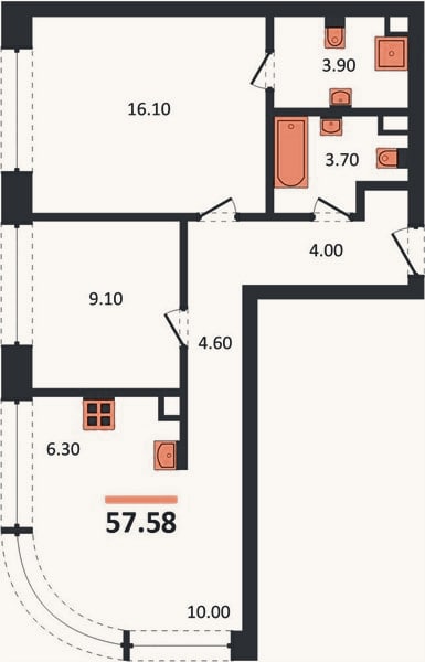 Планировка: 2-к, 57,6 м²