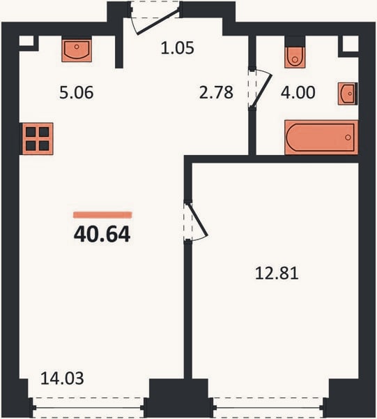 Планировка: 1-к, 40,6 м²