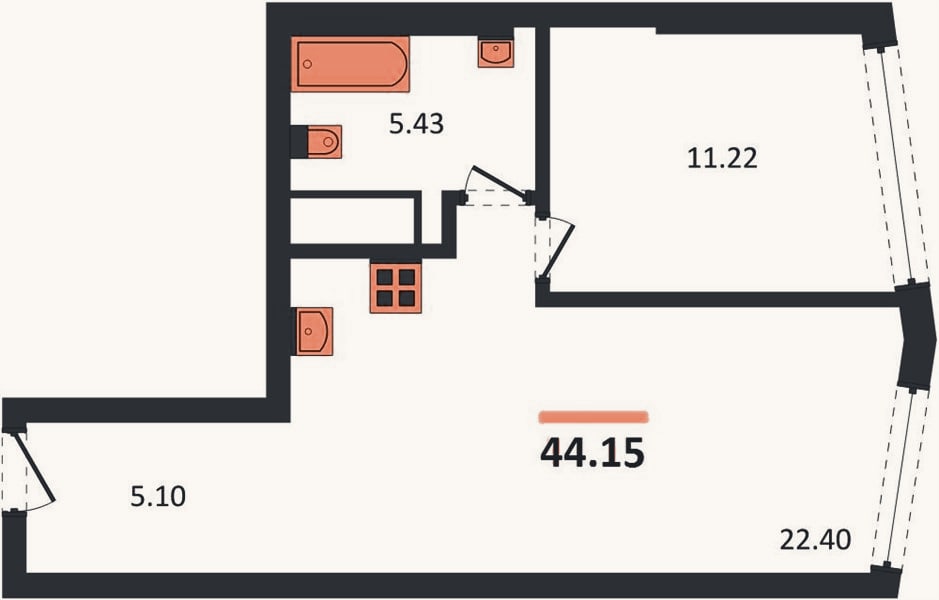 Планировка: 1-к, 44,2 м²