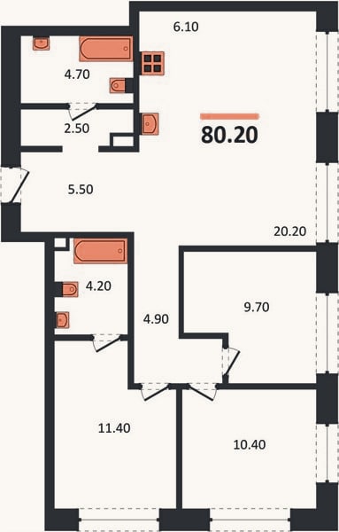Планировка: 3-к, 80,2 м²