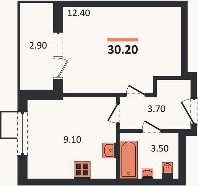 Планировка: 1-к, 30,2 м²