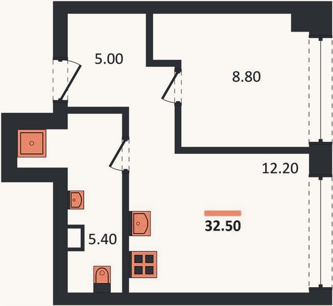 Планировка: 1-к, 32,5 м²