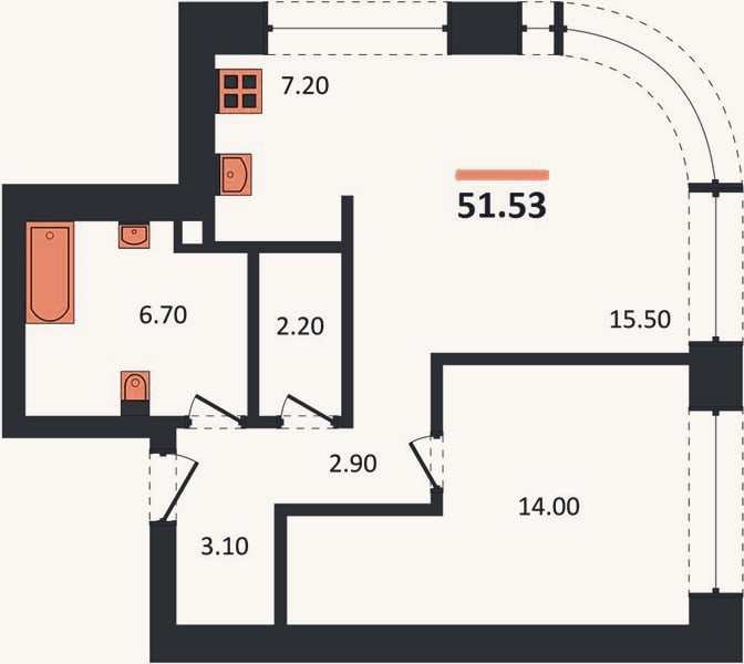 Планировка: 1-к, 51,5 м²