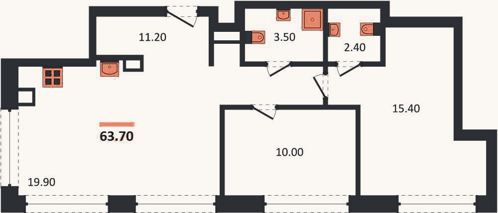 Планировка: 2-к, 63,7 м²