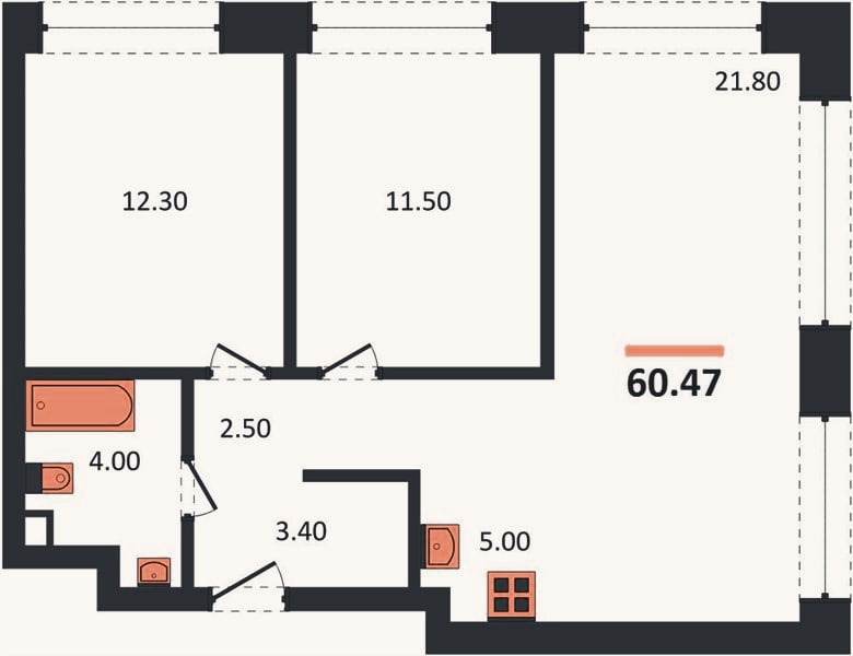 Планировка: 2-к, 60,5 м²