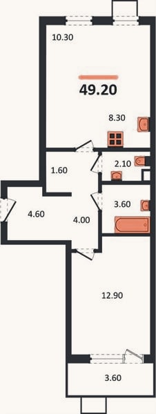 Планировка: 1-к, 49,2 м²