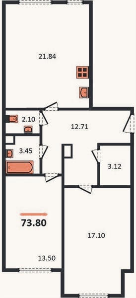 Планировка: 2-к, 73,8 м²
