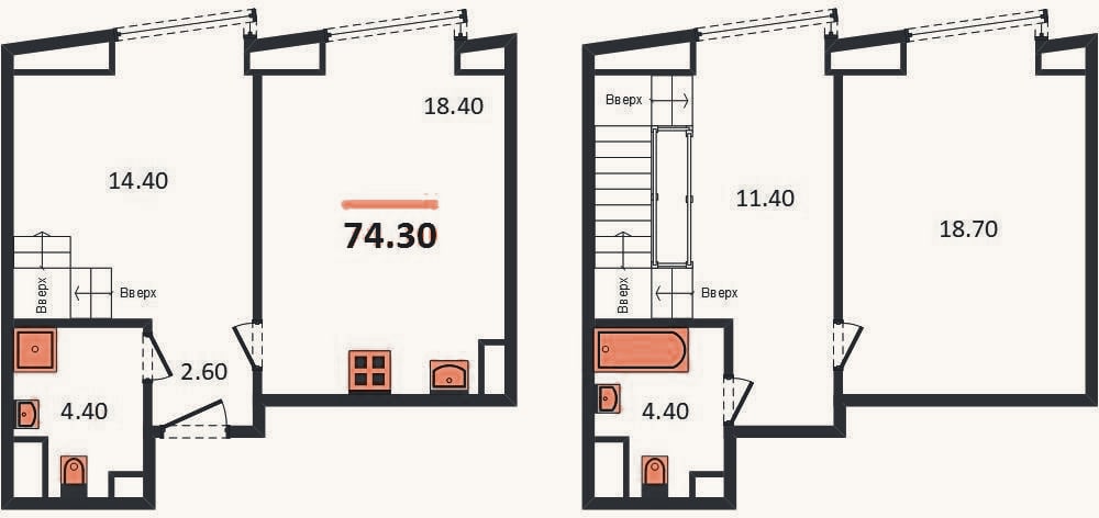 Планировка: 2-к, 74,3 м²