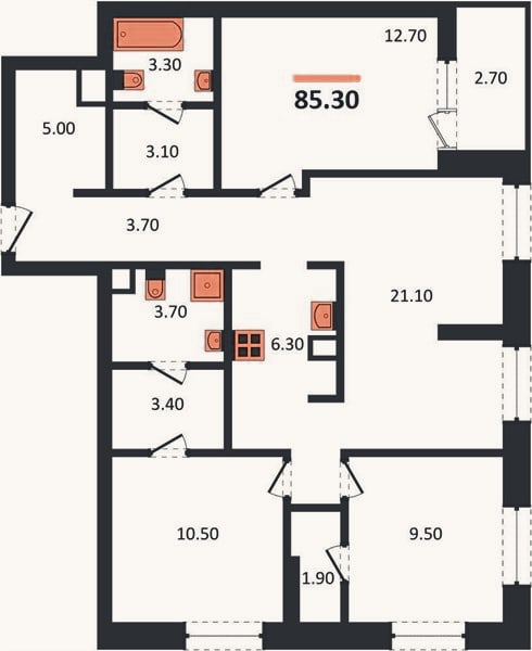Планировка: 3-к, 85,3 м²