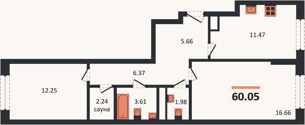 Планировка: 2-к, 60,1 м²