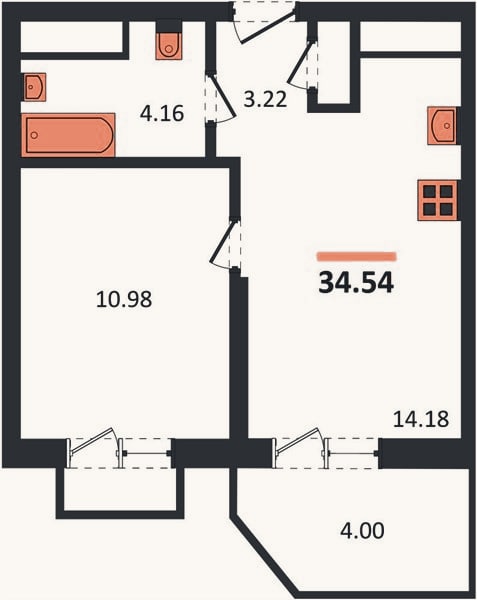 Планировка: 1-к, 34,5 м²