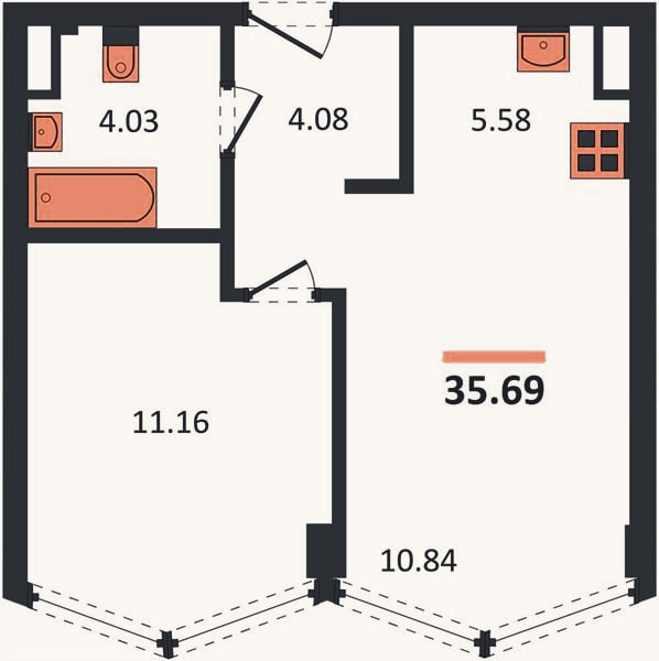 Планировка: 1-к, 35,7 м²