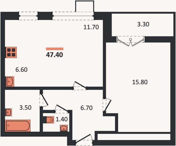 Планировка: 1-к, 47,4 м²