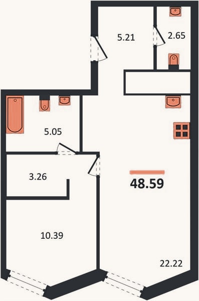 Планировка: 1-к, 48,6 м²