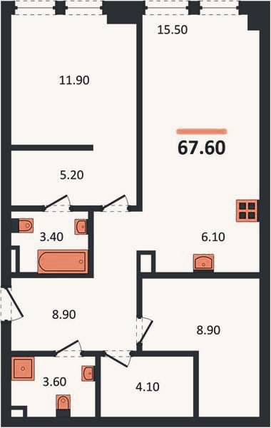 Планировка: 1-к, 67,6 м²