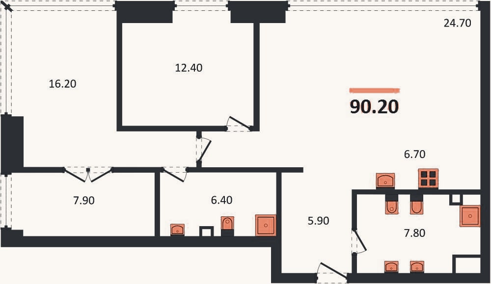 Планировка: 2-к, 90,2 м²