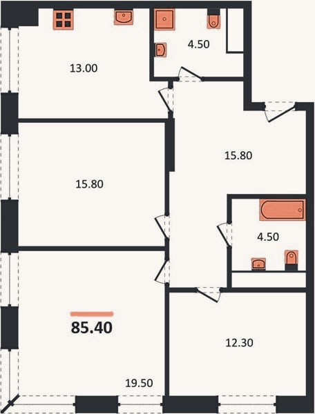 Планировка: 3-к, 85,4 м²