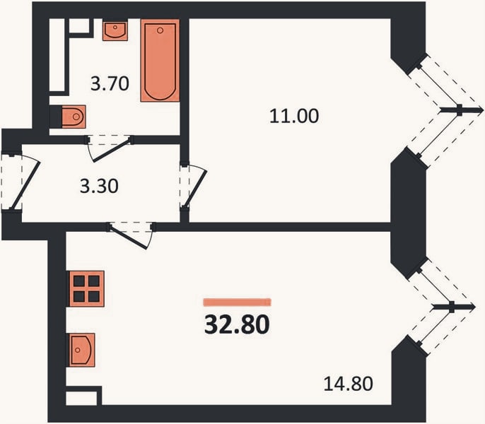 Планировка: 1-к, 32,8 м²