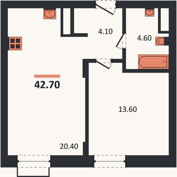 Планировка: 1-к, 42,7 м²