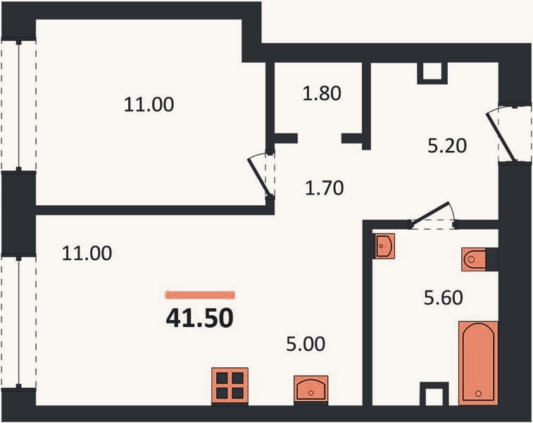 Планировка: 1-к, 41,5 м²