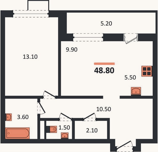 Планировка: 1-к, 48,8 м²