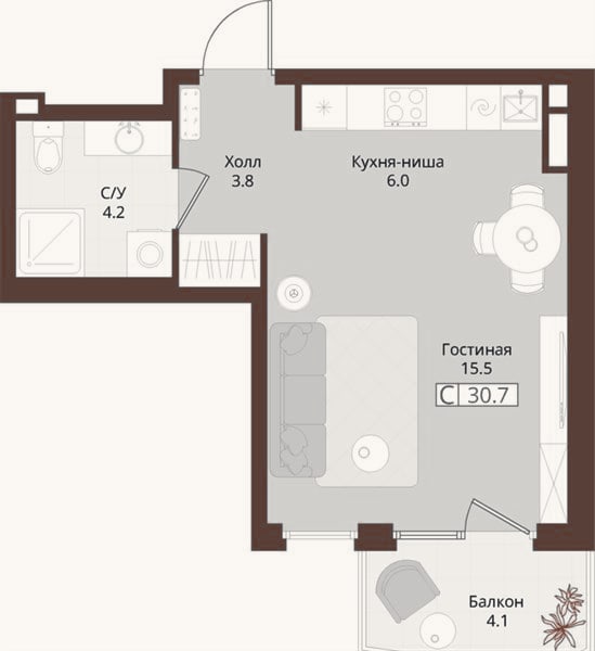 Планировка: Студия, 30,7 м²