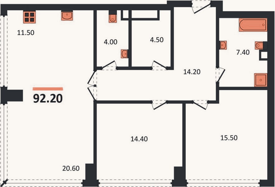 Планировка: 2-к, 92,2 м²